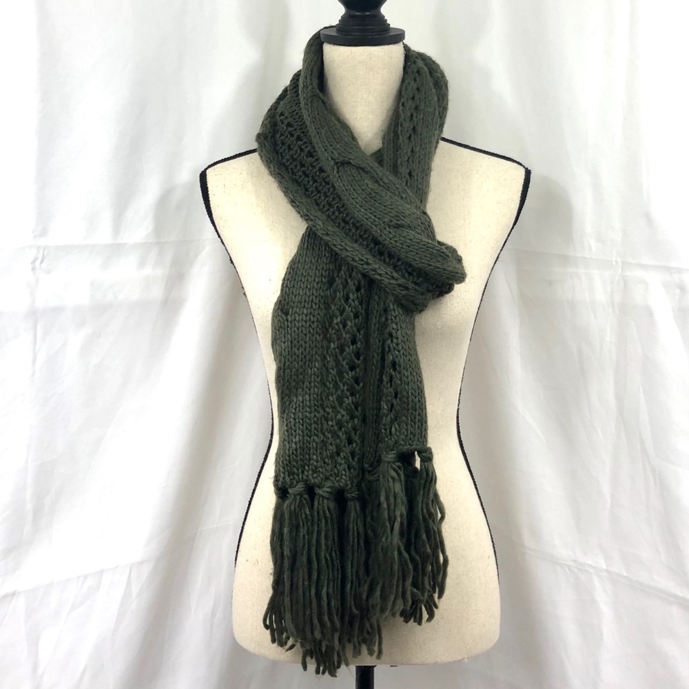 Nine West Olive Braided Detail Tassel Scarf 10x46